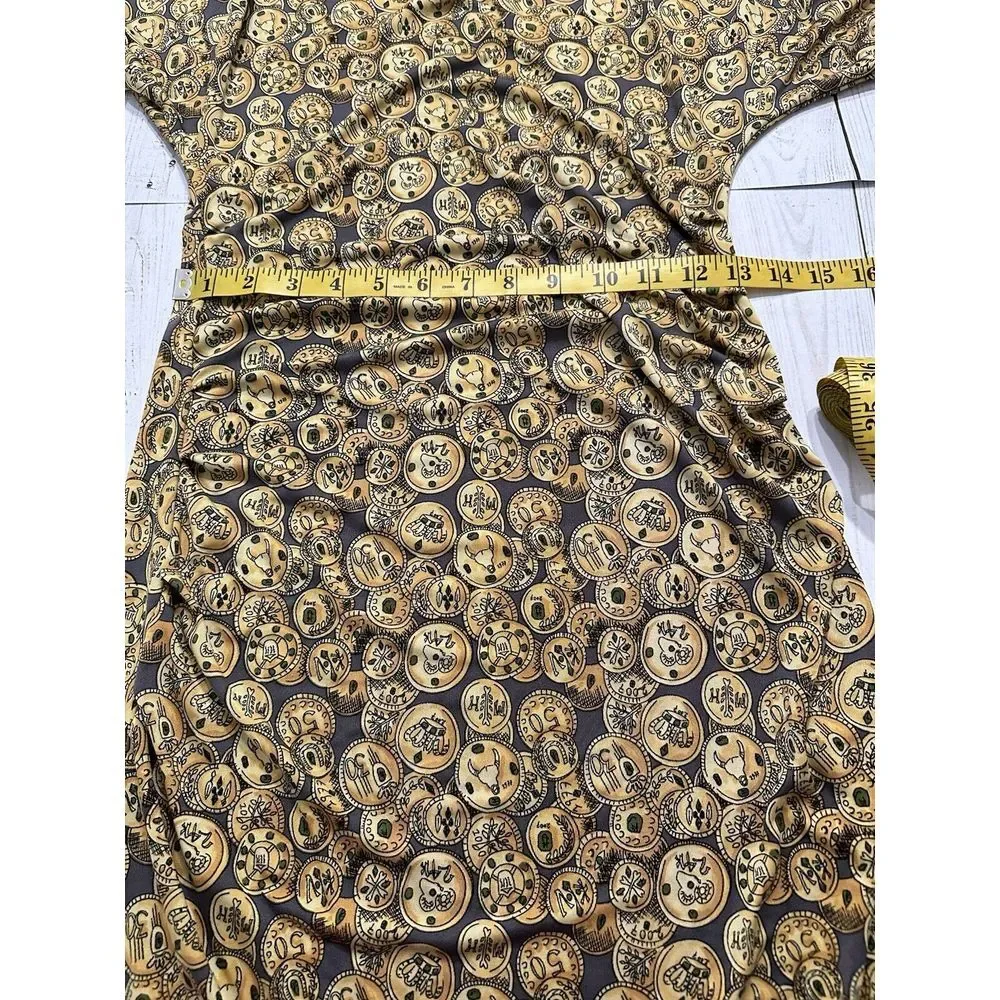 Kathy‎ Kemp Anna Women's Dress Sz2 Brown Coin Design Cinch Waist Flutter Sleeve